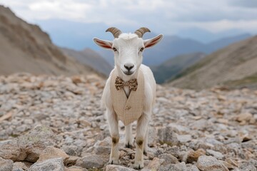 Dapper Goat: A goat in a bow tie and vest, standing on a rocky mountain path.