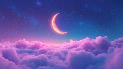 banner of bright glowing crescent moon above fluffy clouds with starry sky background with generativ