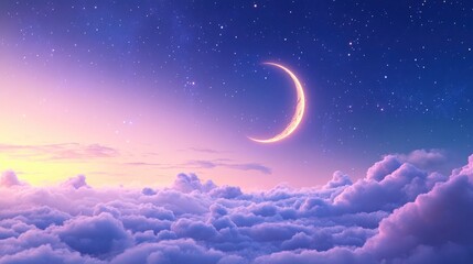 banner of bright glowing crescent moon above fluffy clouds with starry sky background with generativ