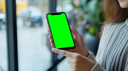 A close-up of a person holding a smartphone with a blank green screen, ideal for app development or template use.