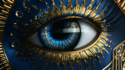 A blue female eye depicted in an Art Deco style, with geometric patterns radiating from the iris in gold and silver