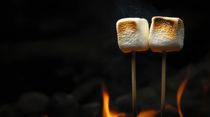 Banner Of Two Marshmallows On A Stick Roasting Over Campfire On Black Background - Camping/Summer Fun Concept with generative ai