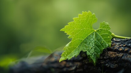  A tight shot of a green leaf on a tree branch, background trees softly blurred