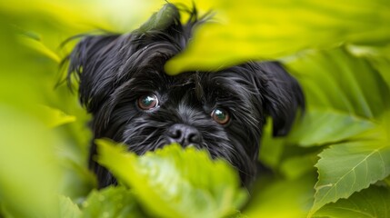 Wall Mural -  A tight shot of a small black dog looking out from a green, foliage-dense scene with wide-open eyes