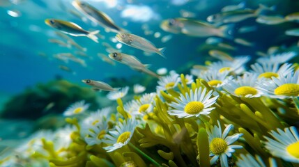  A school of fish swim above white and yellow blooms in a verdant and aquatic expanse of green and blue