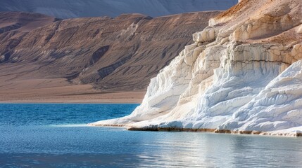  A vast expanse of water, dominated by a towering mountain backdrop, features a foreground of tranquil, blue waters