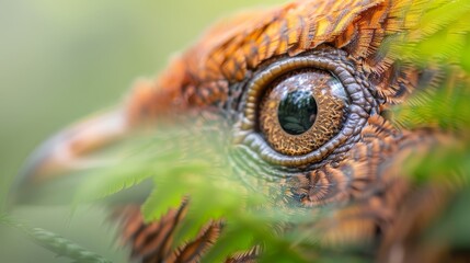 Wall Mural -  A tight shot of a bird's eye peering through a verdant leafy branch