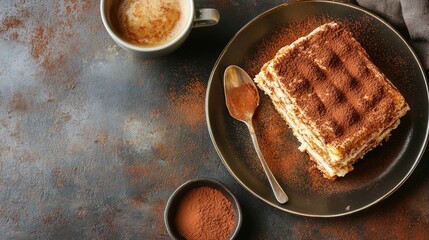 Delicious Tiramisu Dessert on Black Plate with Coffee Cup.