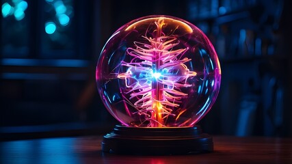  A detailed image of a glowing plasma ball with electrical currents dancing inside, captured in a darkened room to highlight the vibrant colors and energy.