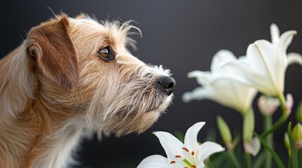 Wall Mural -  A tight shot of a dog with nearby flowers in the foreground against a backdrop of solid black, featuring a white blossom prominently in the foreground