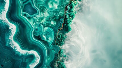  An aerial perspective reveals a body of water with two central masses of green and white substances