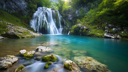 Wall Mural -  A waterfall in the river's heart, encircled by verdant trees,..Surrounded by rocks, a tranquil lake ensues