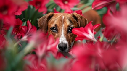 Wall Mural -  A tight shot of a dog in a flowery meadow, its face softly blurred