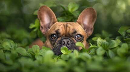 Wall Mural -  A dog's face, nestled amongst bush leaves, emerges in focus Background softly blurred