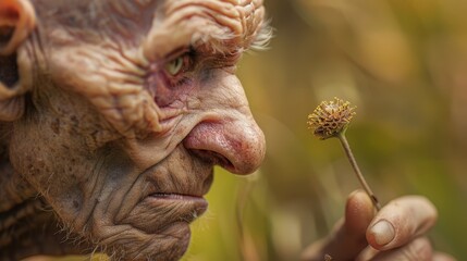 Wall Mural -  Aperson holds a flower before their face, focus tight; background softly blurred