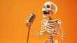 © YULIYA - Skeleton singing with microphone on orange background. 3D illustration.