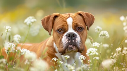 Wall Mural -  A tight shot of a dog reclining in a flower-filled meadow, surrounded by softly blurred grass and blossoms