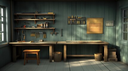 Workshop scene with various woodworking tools