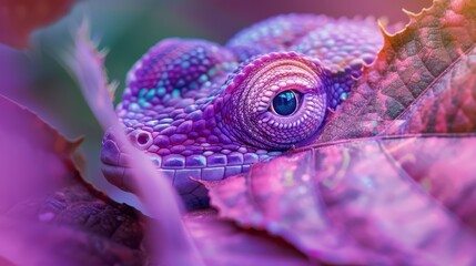 Wall Mural -  A tight shot of a chameleon's purplish-blue eye atop a purple leaf