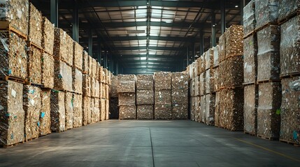 Wall Mural - Large neatly stacked bales of compressed recycled paper in a spacious warehouse leaving copy space on the right side for text overlay or additional design elements