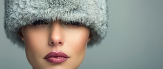 Wall Mural -  A woman wears a fur hat atop her head Lipstick is positioned beside her face