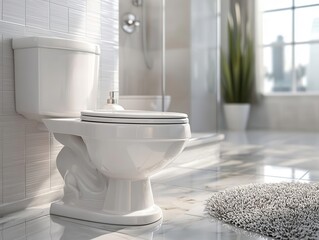 Modern bathroom featuring a clean, white toilet beside a bright window and stylish shower, highlighting contemporary design.