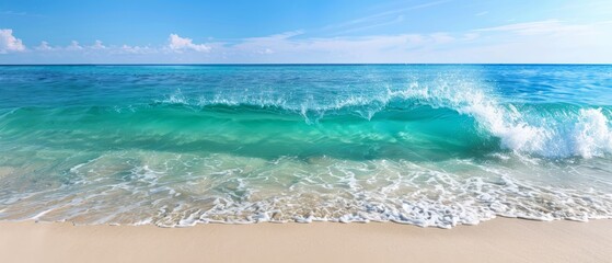  A beach scene with a wave approaching shore and a vivid blue sky overhead