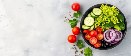 Wall Mural -  A bowl brimming with various veggies, accompanied by two tomatoes and cucumbers atop the table