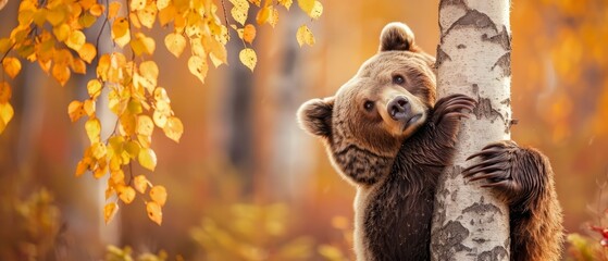 Wall Mural - A brown bear climbs up the tree trunk, reaching for a head hug