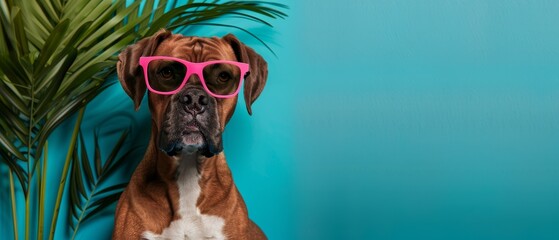 Wall Mural -  A dog dons pink sunglasses beside a potted plant against a blue wall backdrop