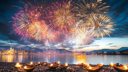 Wall Mural - Magical Fireworks Display Over a Lake - Celebrate with Stunning Visuals!