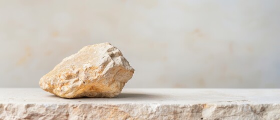  A rock perched atop a concrete stone slab against a light-colored wall backdrop