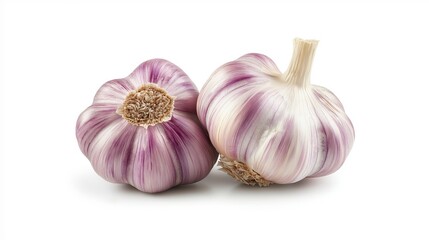 Two whole garlic bulbs with purple stripes, isolated on a white background.