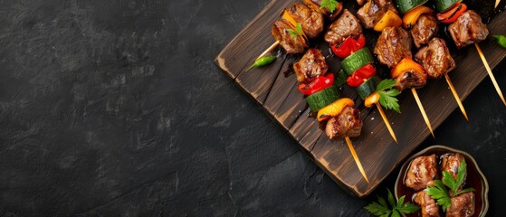 Wall Mural -  A wooden cutting board holds arranged skewers of meat and vegetables Nearby, a bowl of sauce waits