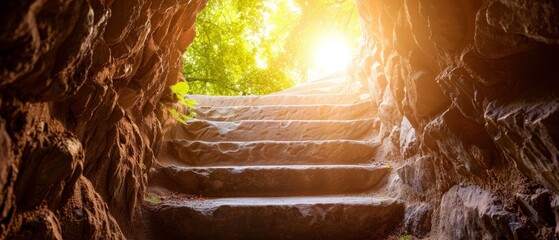 a series of stone steps ascends towards a radiant light at its terminus