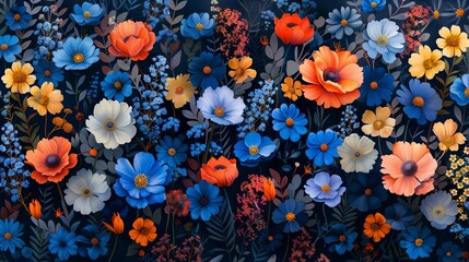 Wall Mural - Vibrant Floral Pattern Displaying Various Colorful Flowers Against a Dark Background in an Artistic Design