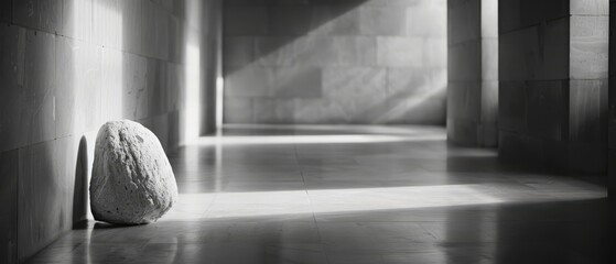 Wall Mural -  A monochrome image of a lengthy hallway A solitary rock occupies its center Light filters in through the windows