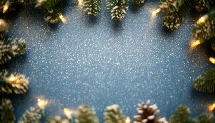 Snow-covered fir branches with glowing lights on a blue background with falling snow. Perfect for winter-themed designs and holiday greetings.