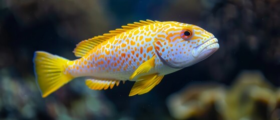  A tight shot of a yellow-white fish against an aquarium backdrop of corals, with foreground water