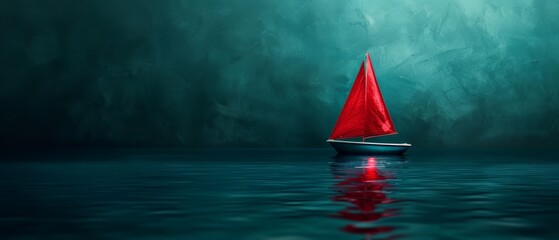 Wall Mural -  A red sailboat floats on a body of water with a dark green backdrop