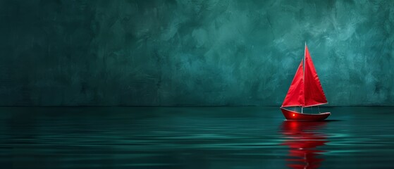 Wall Mural -  A red sailboat floats atop a body of water Nearby stands a green wall, adorned with a red light