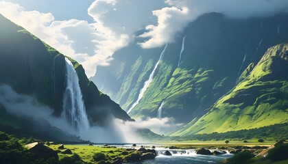 Towering waterfalls pour down from the verdant valley, surrounded by vast scenery and low clouds.