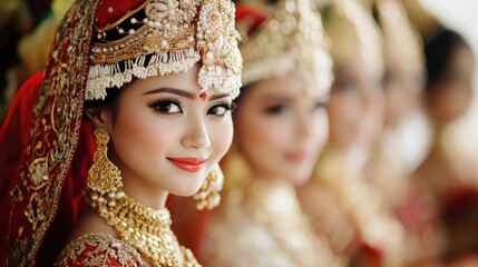 Beautiful female asian model with traditional bridal makeup regional customs background wallpaper AI generated image