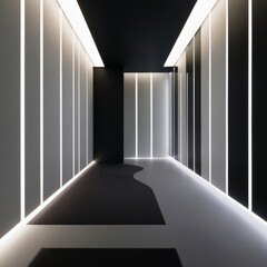 Architectural detail with soft white LED strips embedded in smooth, matte surfaces, forming organic patterns that play with shadow and light. The floor transitions from deep charcoal to soft grey