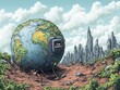 © Premium Graphics - Illustrated globe with a low battery icon symbolizing the depletion of Earths resources due to overconsumption and Climate Change