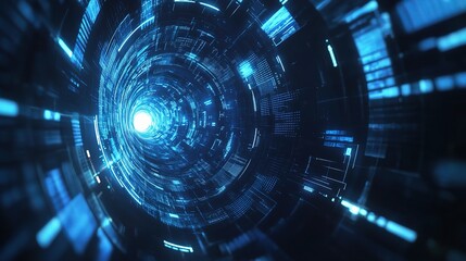 Cybernetic Singularity: A mesmerizing vortex of data, pulsing with vibrant blue energy, draws the viewer into the heart of a futuristic digital realm. 