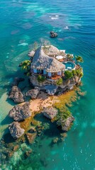 there is a small island with a thatched roof and a pool