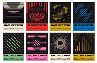 set of swiss design posters. minimalistic bauhaus style posters with geometric shapes, lines and tex