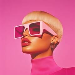 Wall Mural - hyperrealistic, portrait of an american women, wearing high-end thick white fashion sunglasses, clear frames and pink tint lenses, pink, her hair is blond