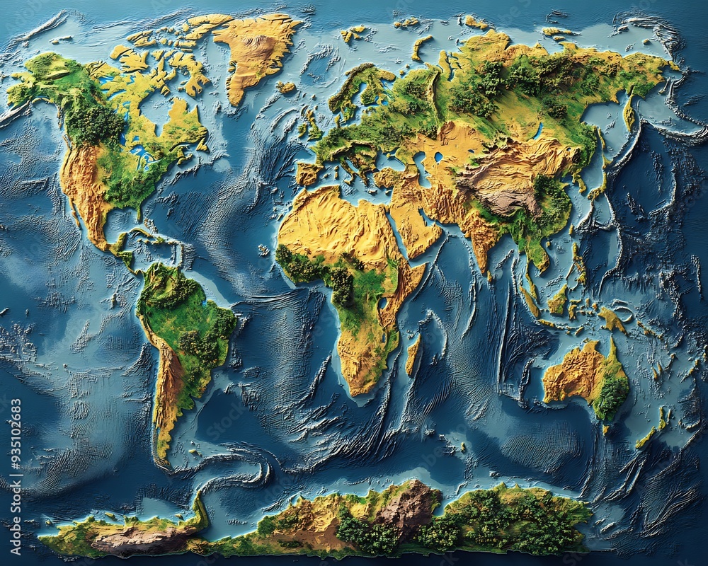 Ilustracja bez tantiem: Illustrated map of the world with projected sea ...
